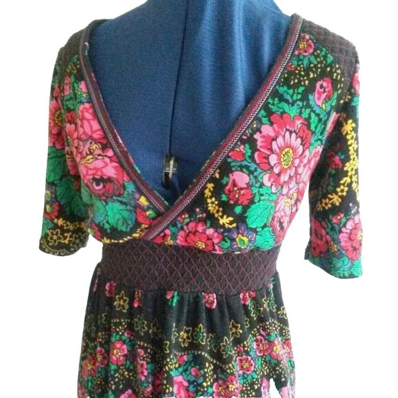 FREE PEOPLE  cottagecore black and floral print A line V neck dress - Picture 3 of 9